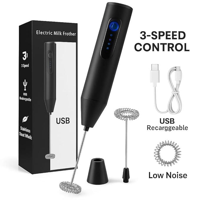 Milk Frother Rechargable Coffee Frother Milk & Beater for Cold Latte 2In1 Handheld Battery-Powered Blender and Egg Whisker